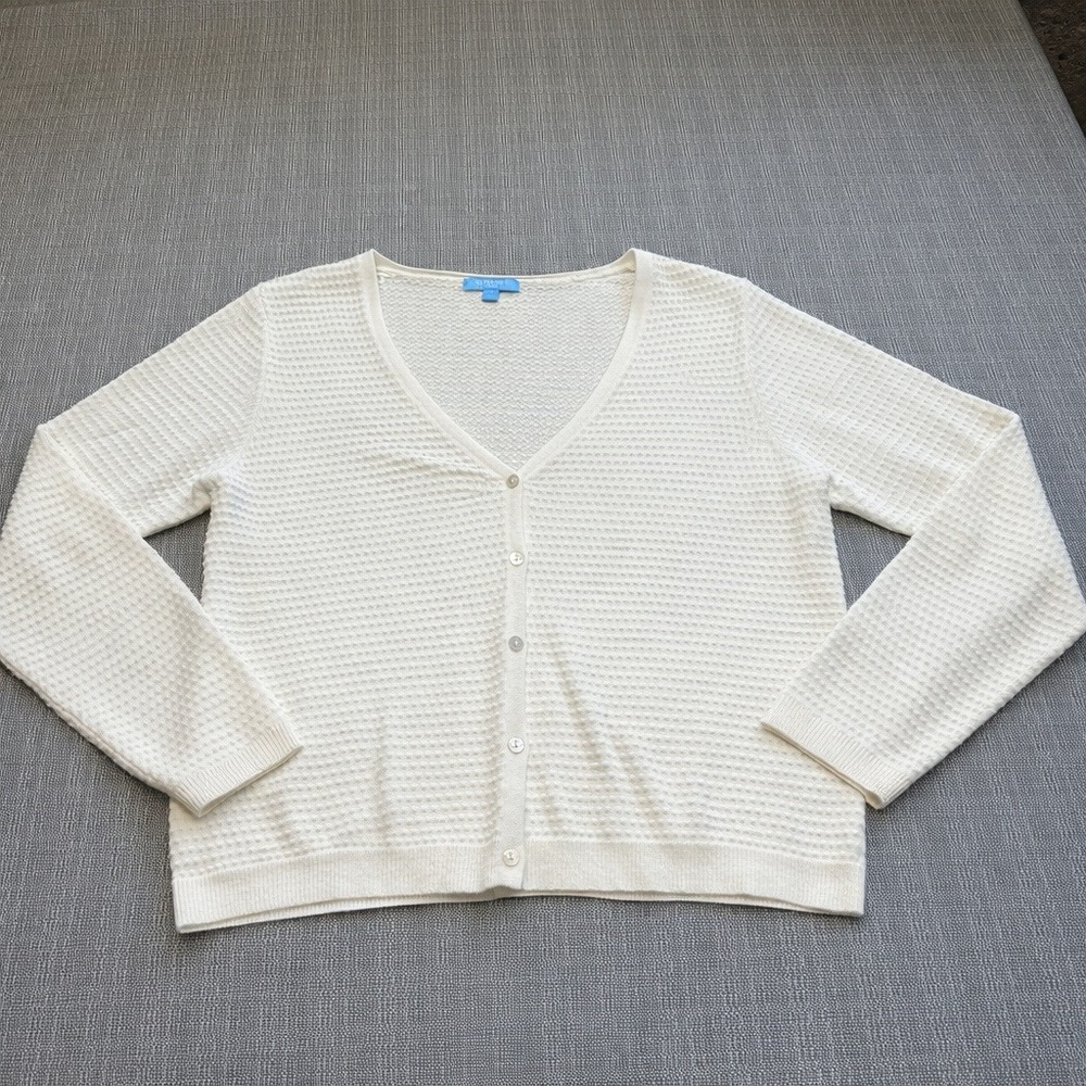 Draper James Waffle Knit Cardigan Large Coastal Cream Button Lightweight Cozy‎